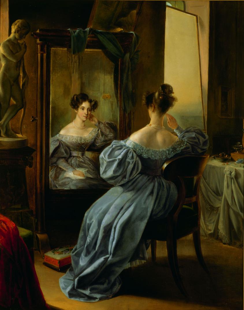 Lost Art-ID 576041: Das Gemälde zeigt eine festlich gekleidete Dame, die auf einem Stuhl sitzt und sich im Spiegel betrachtet.